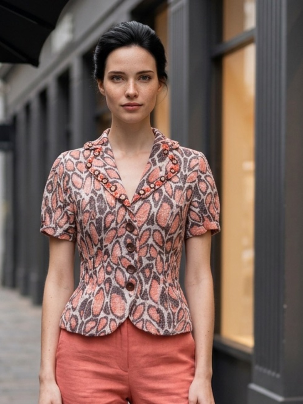 Alberto Makali Women's Button-Up Short Sleeve Blazer Jacket W/Unique Pattern S
